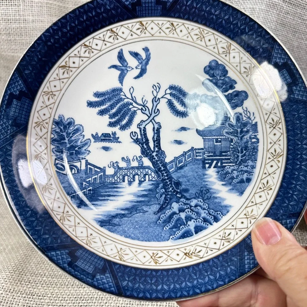 Vintage Occupied Japan Ironstone Blue Willow Rim Soup Bowl Pair 7.5in Blue White